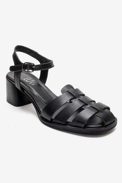 EVORA - Black Genuine Leather Block Heel Sandal (Women)