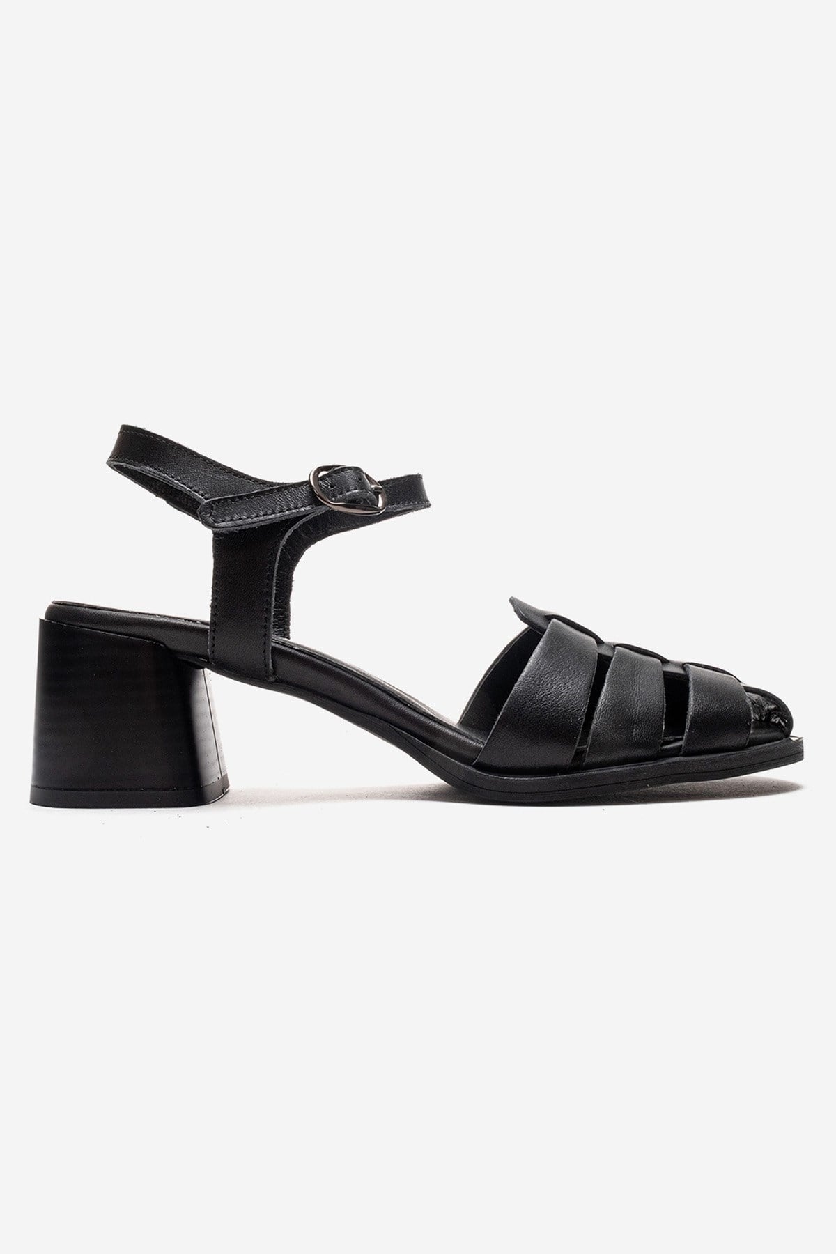 EVORA - Black Genuine Leather Block Heel Sandal (Women)