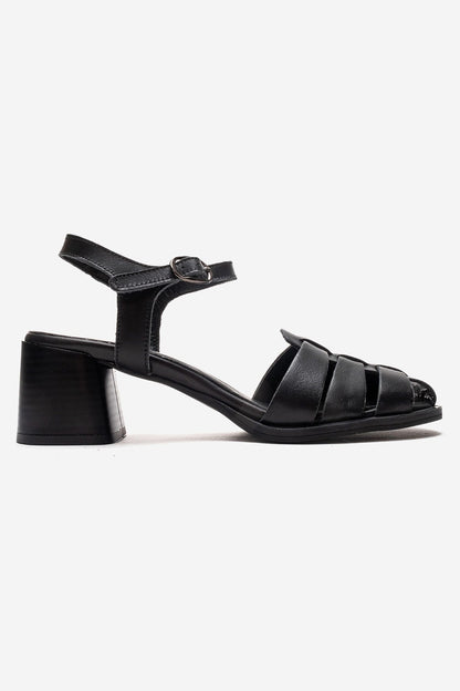 EVORA - Black Genuine Leather Block Heel Sandal (Women)