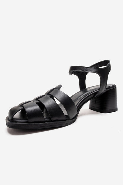 EVORA - Black Genuine Leather Block Heel Sandal (Women)
