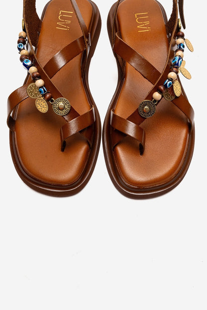 HUSH - Cognac Genuine Leather Beaded Toe-Post Sandal (Women)