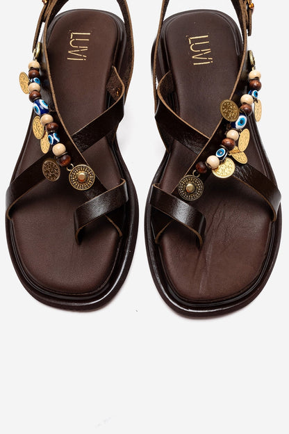 HUSH - Brown Genuine Leather Beaded Toe-Post Sandal (Women)