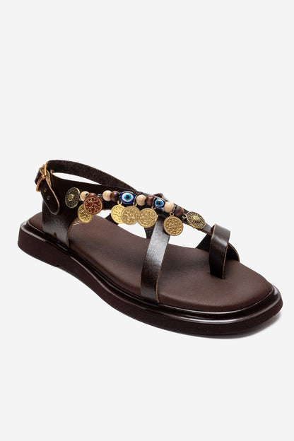 HUSH - Brown Genuine Leather Beaded Toe-Post Sandal (Women)
