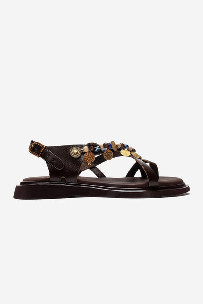 HUSH - Brown Genuine Leather Beaded Toe-Post Sandal (Women)