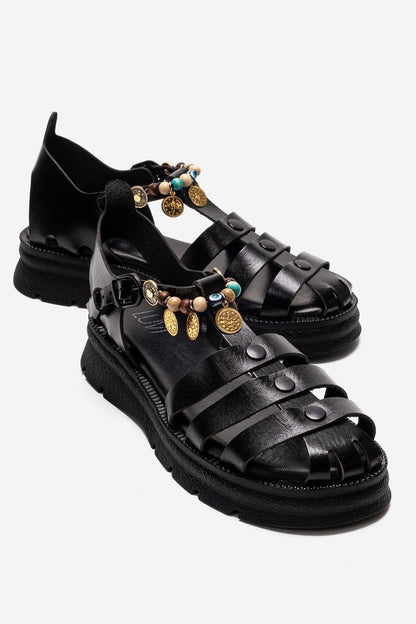 SOLIS - Sandalia con cuentas de cuero genuino negro (Mujer)