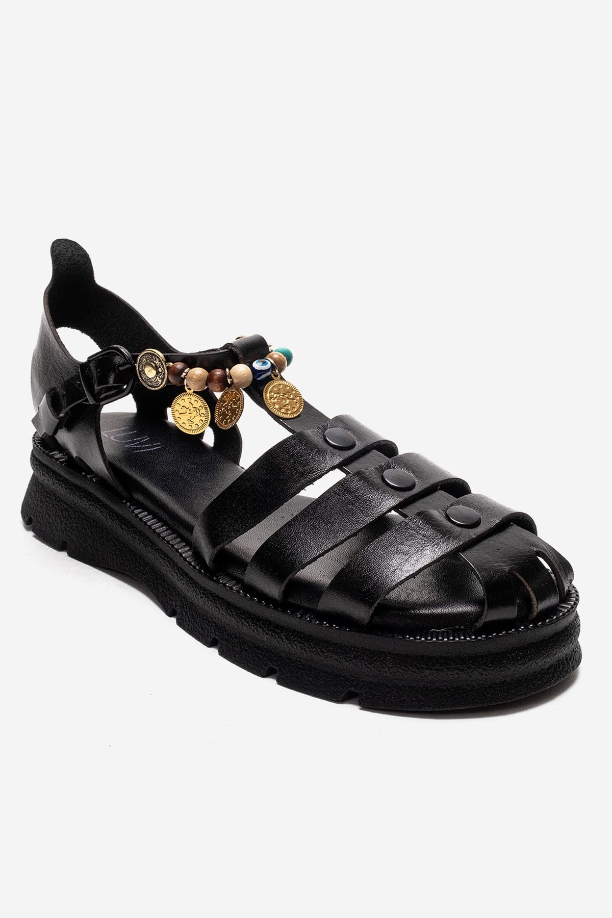 SOLIS - Sandalia con cuentas de cuero genuino negro (Mujer)