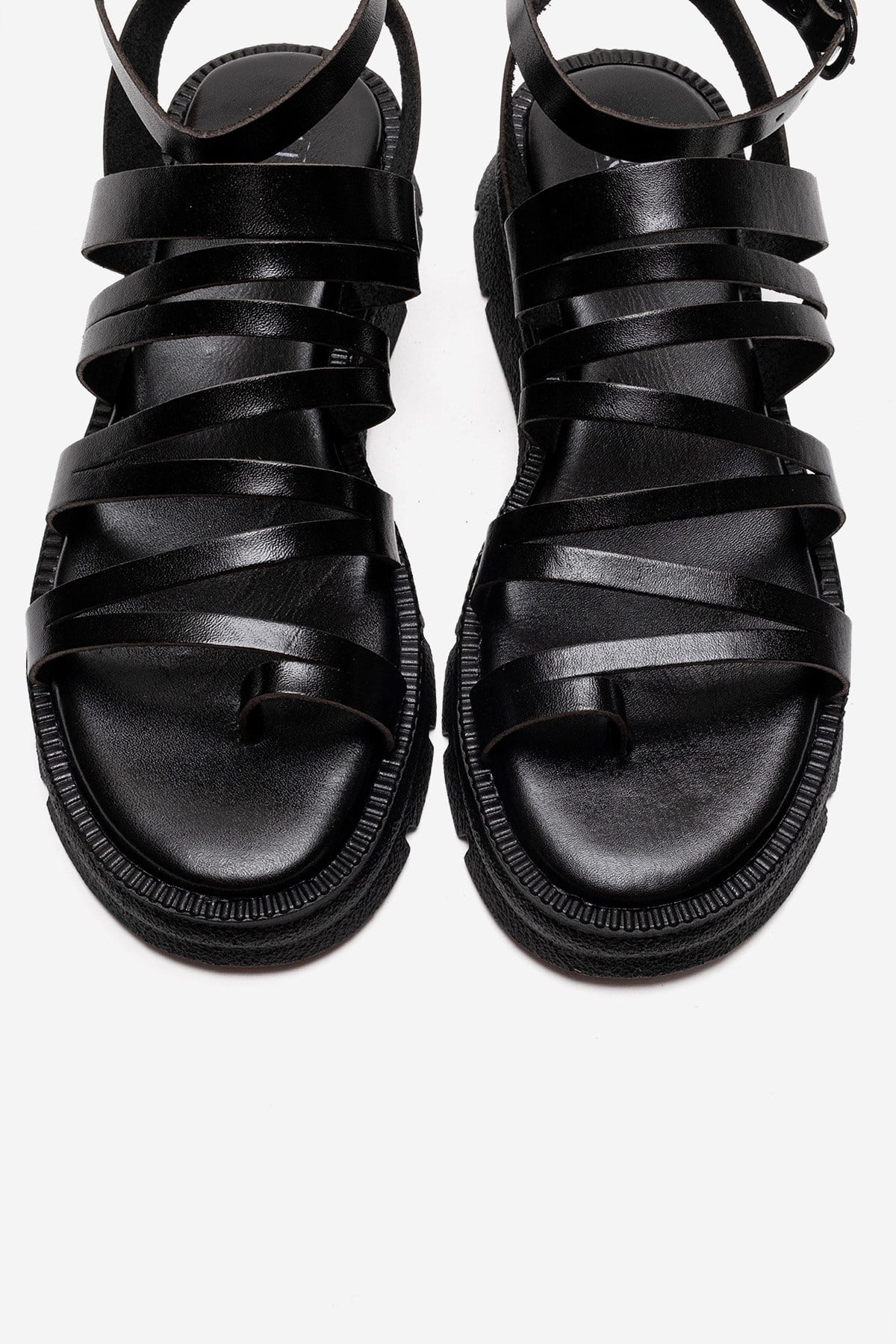 ELSA - Black Genuine Leather Multi-Strap Toe-Post Sandal (Women)