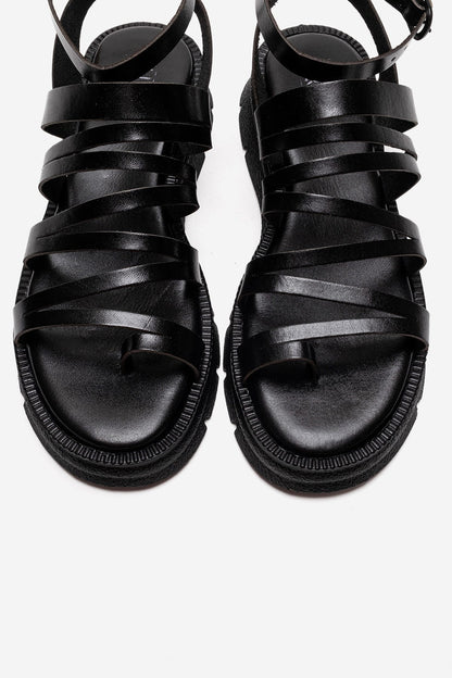 ELSA - Black Genuine Leather Multi-Strap Toe-Post Sandal (Women)