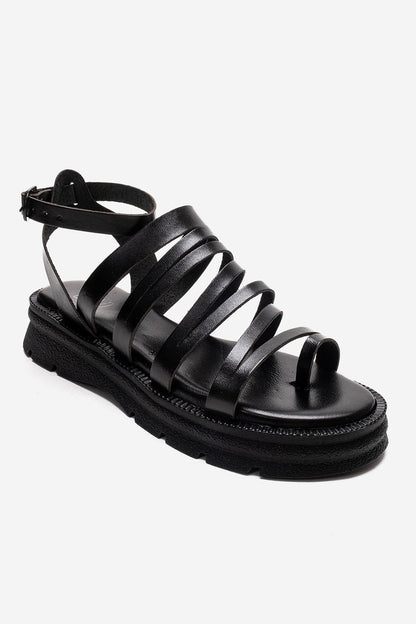 ELSA - Black Genuine Leather Multi-Strap Toe-Post Sandal (Women)