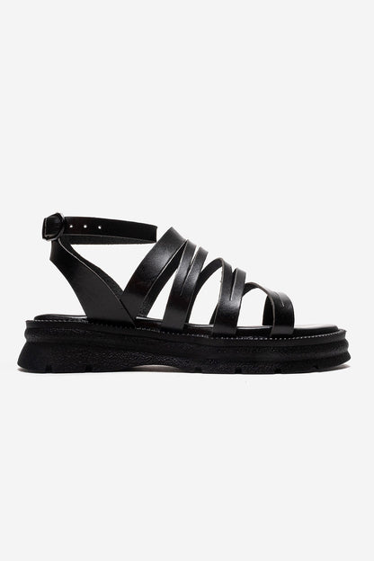 ELSA - Black Genuine Leather Multi-Strap Toe-Post Sandal (Women)