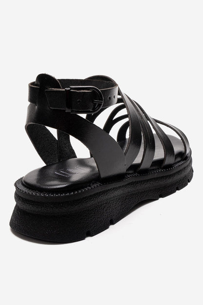 ELSA - Black Genuine Leather Multi-Strap Toe-Post Sandal (Women)