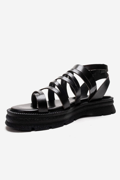 ELSA - Black Genuine Leather Multi-Strap Toe-Post Sandal (Women)