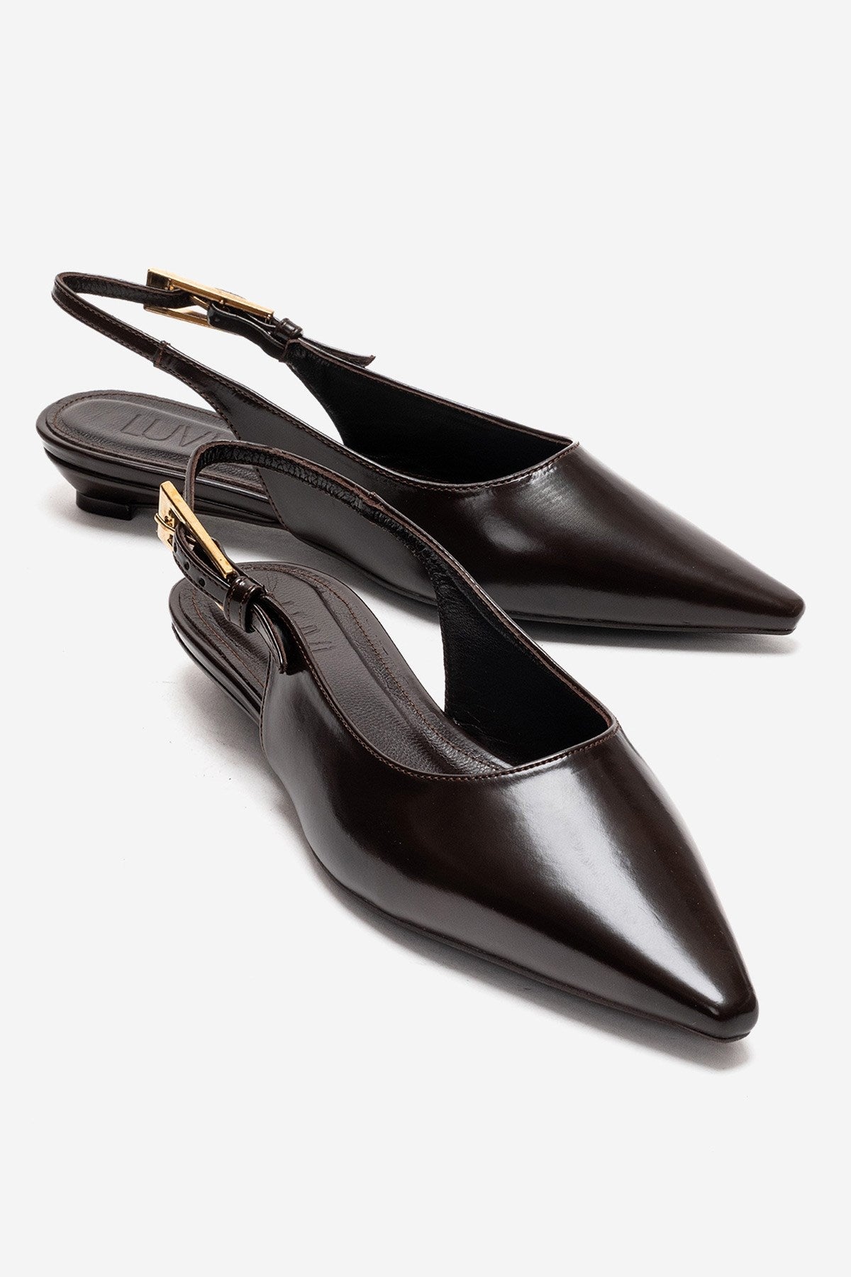 JENNA - Zapato de tacón bajo con punta fina de cuero genuino marrón (Mujer)