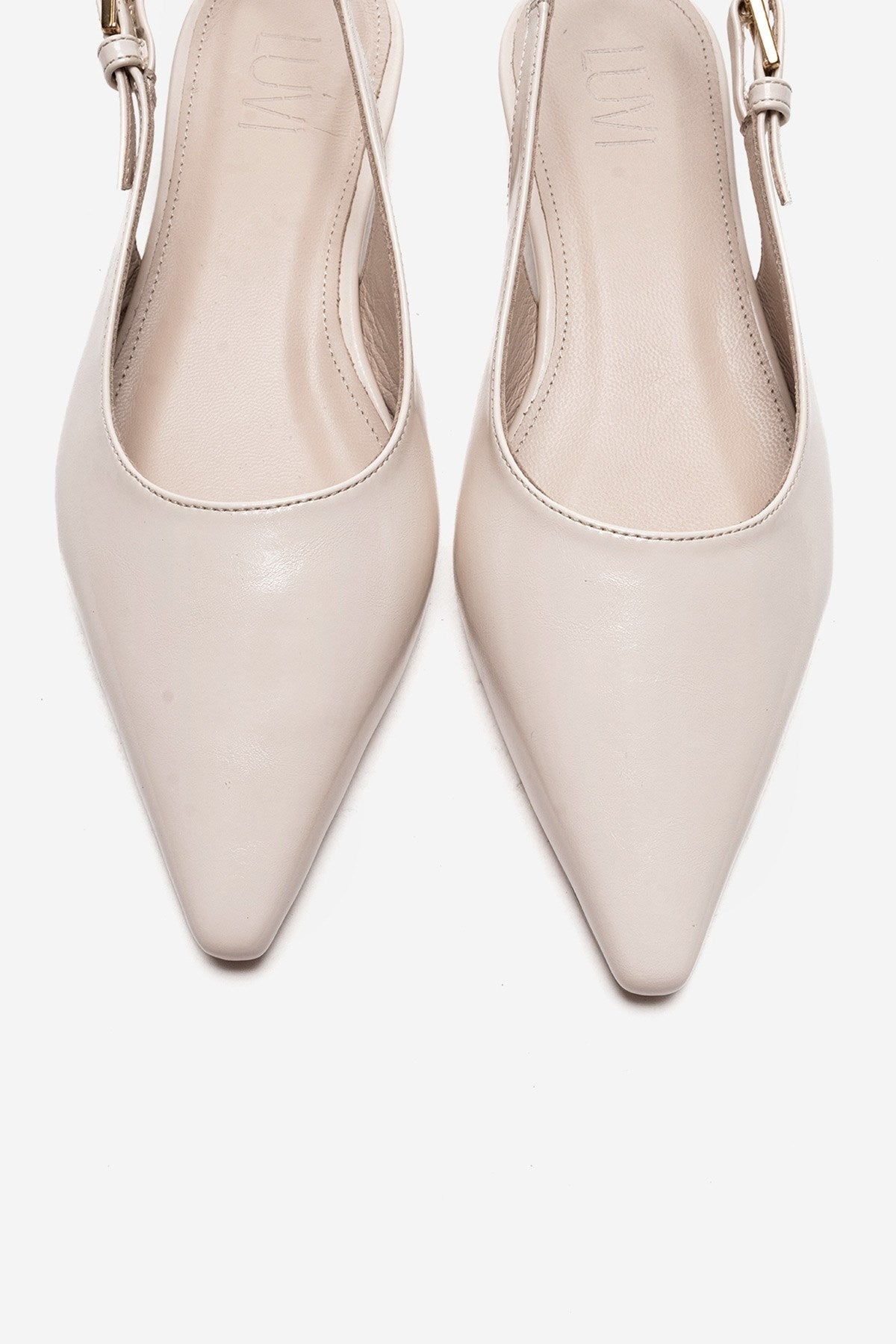 JENNA - Zapato de tacón bajo de piel genuina color blanco roto con punta fina (Mujer)