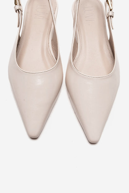 JENNA - Zapato de tacón bajo de piel genuina color blanco roto con punta fina (Mujer)