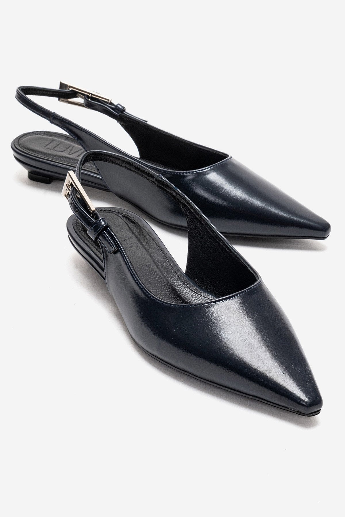JENNA - Navy Genuine Leather Pointed Toe Low Block Heel Pump (Women)