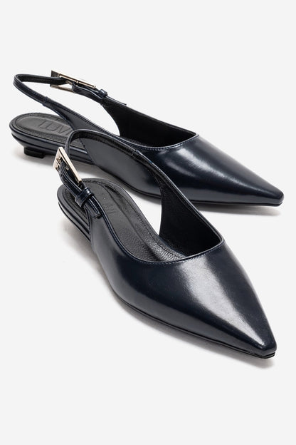 JENNA - Zapatos de tacón bajo de piel auténtica azul marino con punta fina (Mujer)