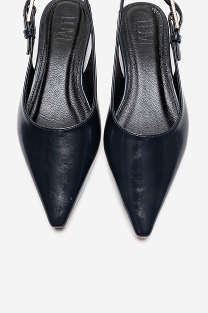 JENNA - Navy Genuine Leather Pointed Toe Low Block Heel Pump (Women)