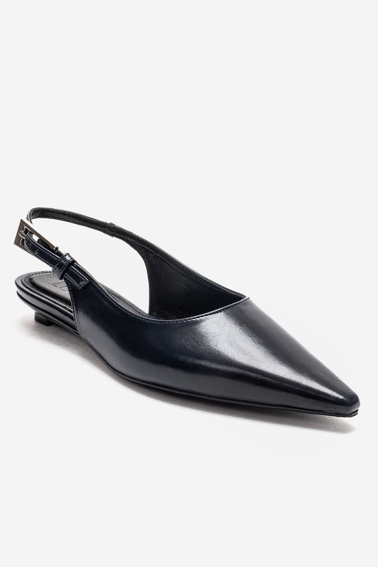 JENNA - Zapatos de tacón bajo de piel auténtica azul marino con punta fina (Mujer)
