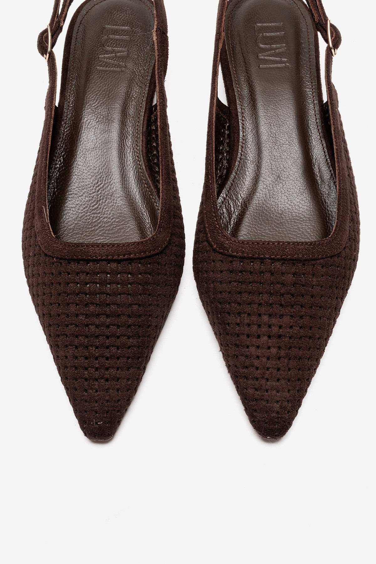AVIVA - Zapatos de tacón bajo con punta y tacón de bloque bajo de cuero genuino marrón (Mujer)
