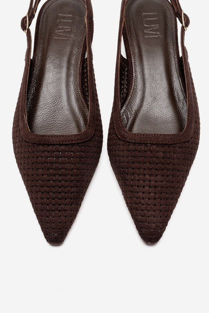 AVIVA - Zapatos de tacón bajo con punta y tacón de bloque bajo de cuero genuino marrón (Mujer)