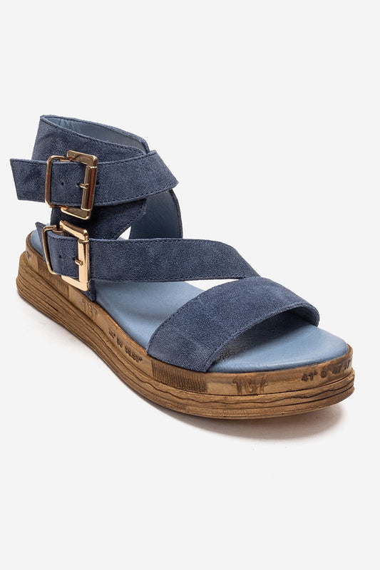 LORENTIS - Sandalia de Piel Genuina Azul Vaquero con Doble Hebilla (Mujer)