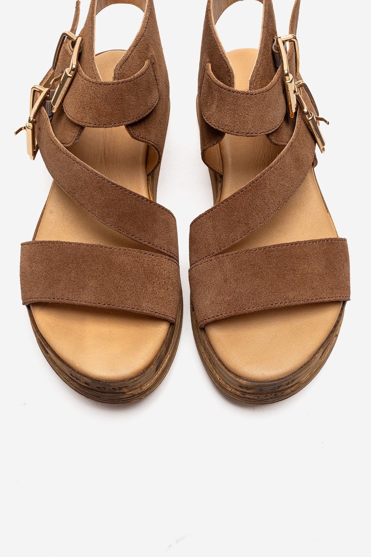 LORENTIS - Sandalia de doble hebilla de cuero genuino color camel (Mujer)
