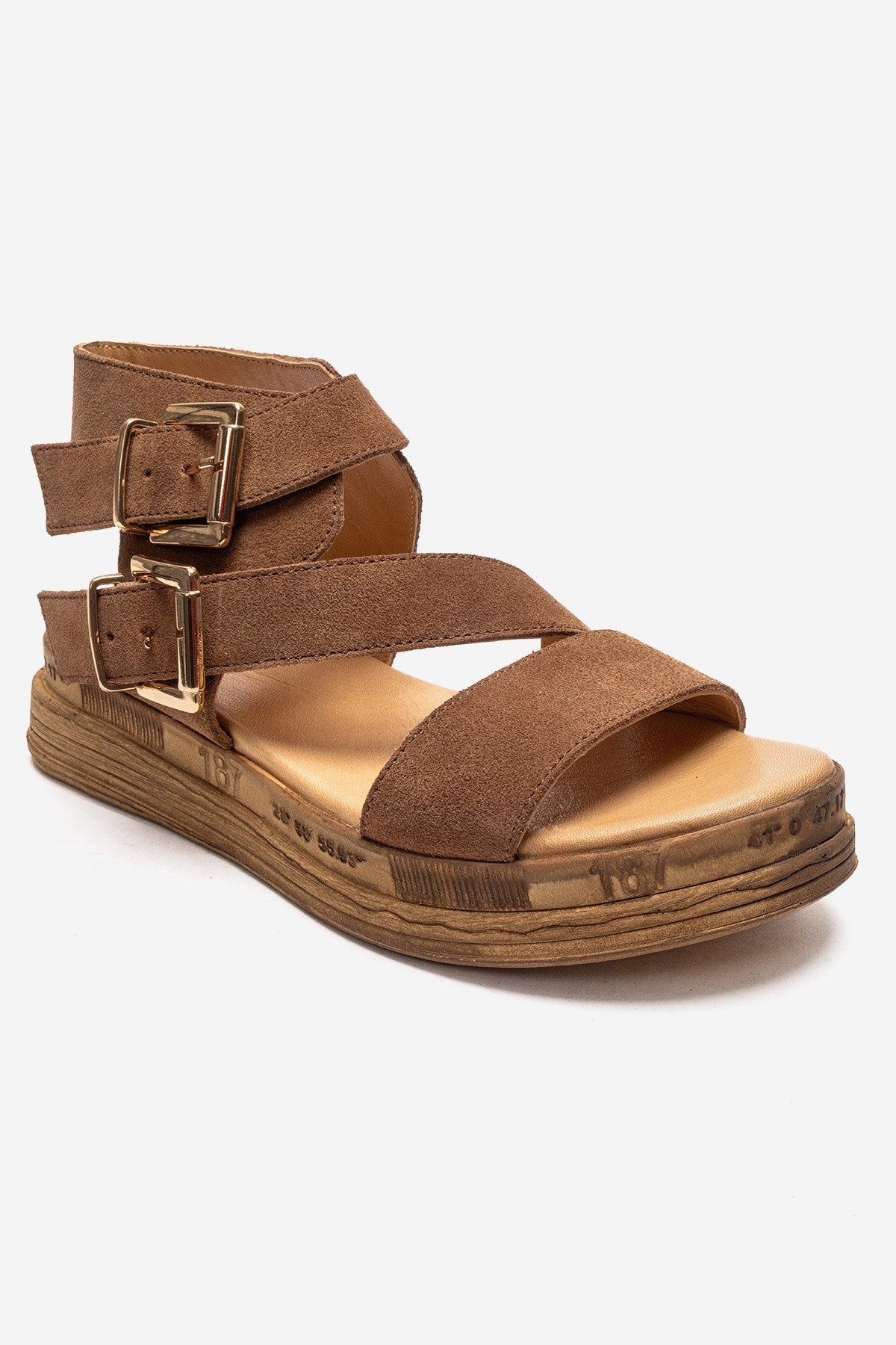 LORENTIS - Sandalia de doble hebilla de cuero genuino color camel (Mujer)