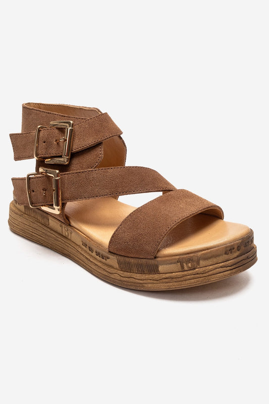 LORENTIS - Sandalia de doble hebilla de cuero genuino color camel (Mujer)