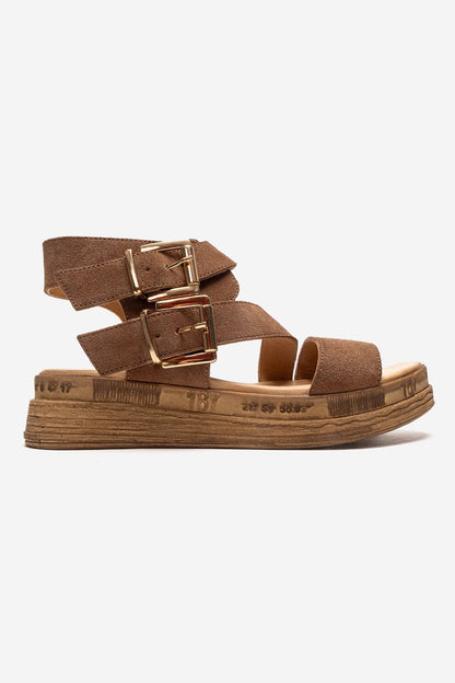 LORENTIS - Sandalia de doble hebilla de cuero genuino color camel (Mujer)