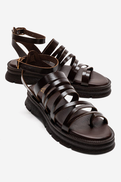ELSA - Brown Genuine Leather Multi-Strap Thong Sandal (Women)