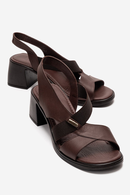 Crina - Sandalia de Tacón Cuadrado Elástico de Cuero Genuino Marrón (Mujer)