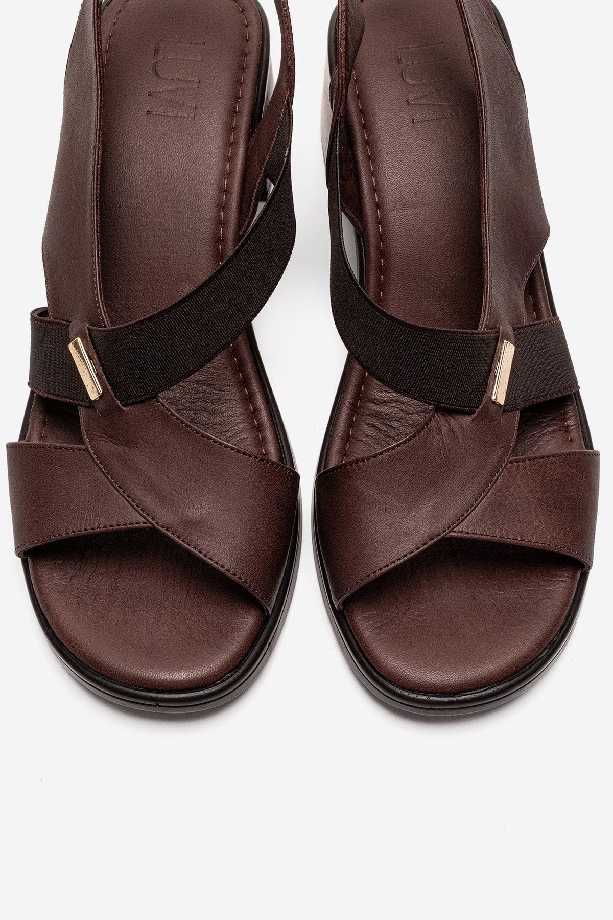 Crina - Brown Genuine Leather Elastic Block Heel Sandal (Women)