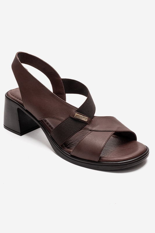 Crina - Brown Genuine Leather Elastic Block Heel Sandal (Women)