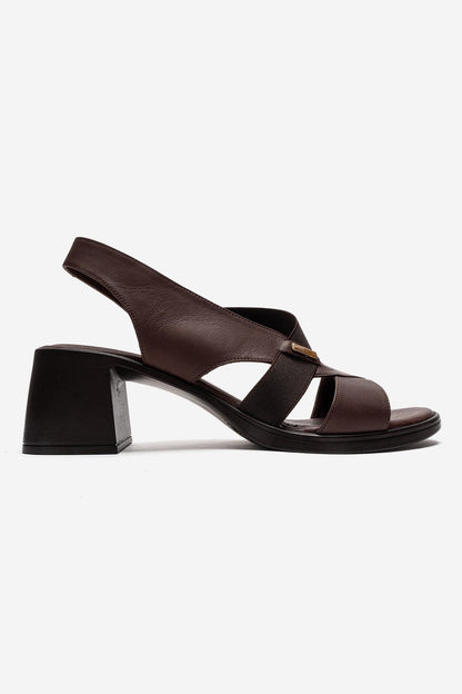 Crina - Brown Genuine Leather Elastic Block Heel Sandal (Women)