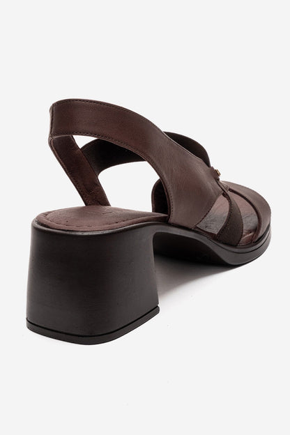 Crina - Brown Genuine Leather Elastic Block Heel Sandal (Women)