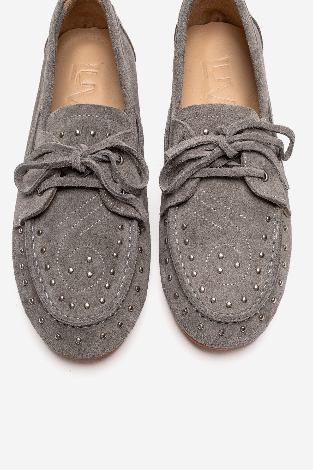 Cuesta - Mocasín de cuero genuino de gamuza gris con cordones (Mujer)