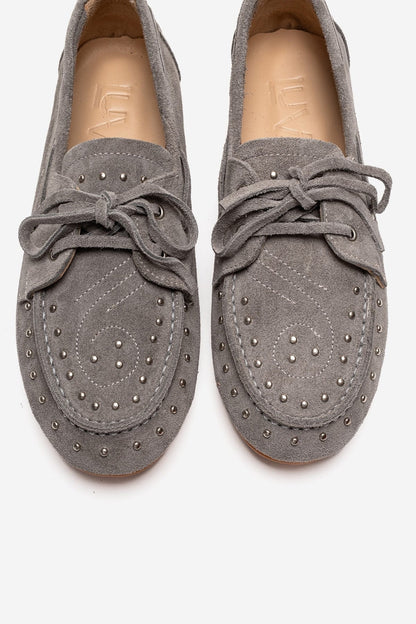 Cuesta - Mocasín de cuero genuino de gamuza gris con cordones (Mujer)
