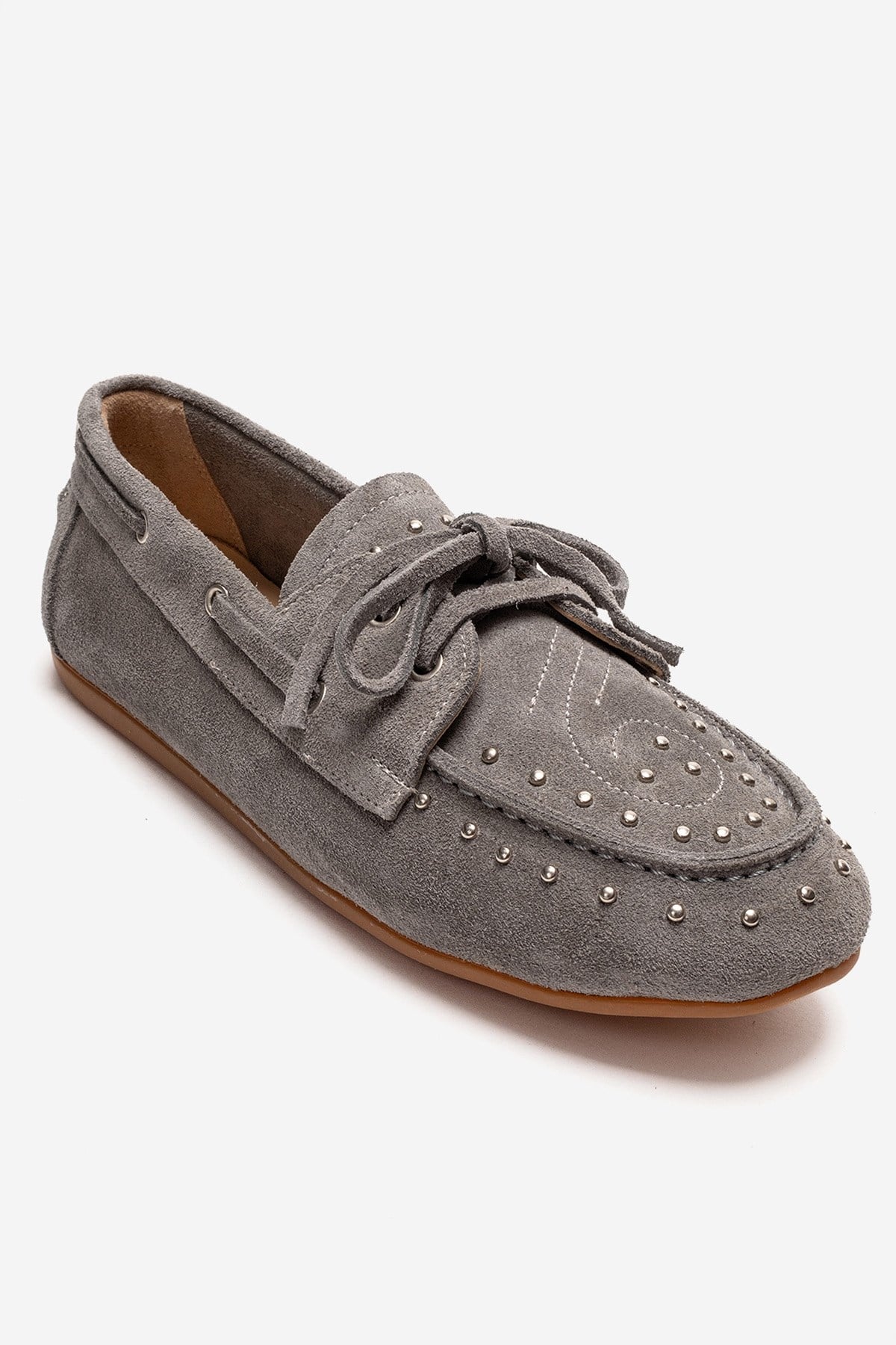 Cuesta - Mocasín de cuero genuino de gamuza gris con cordones (Mujer)