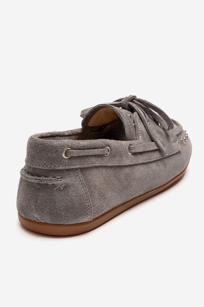 Cuesta - Mocasín de cuero genuino de gamuza gris con cordones (Mujer)