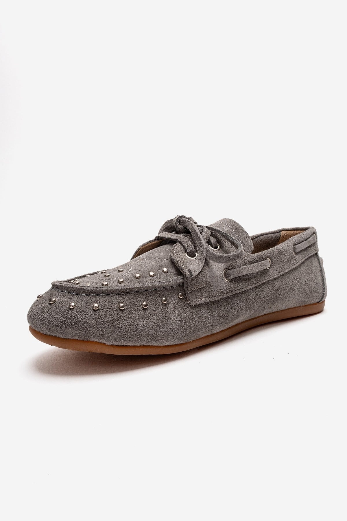 Cuesta - Mocasín de cuero genuino de gamuza gris con cordones (Mujer)