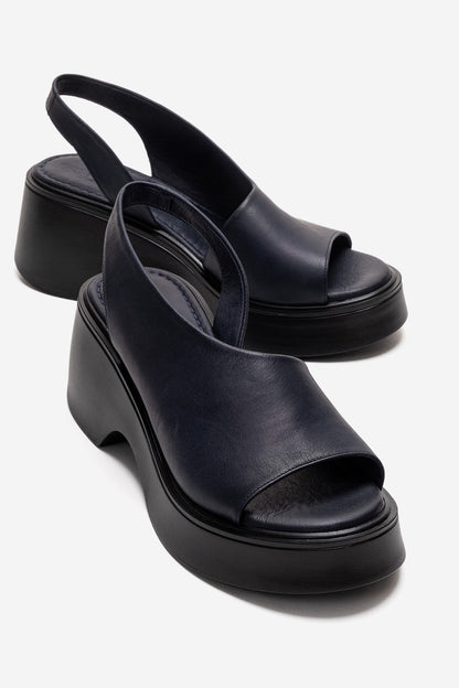 ROY - Navy Genuine Leather Wedge Heel Sandal (Women)