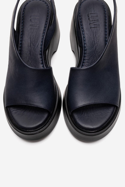 ROY - Navy Genuine Leather Wedge Heel Sandal (Women)