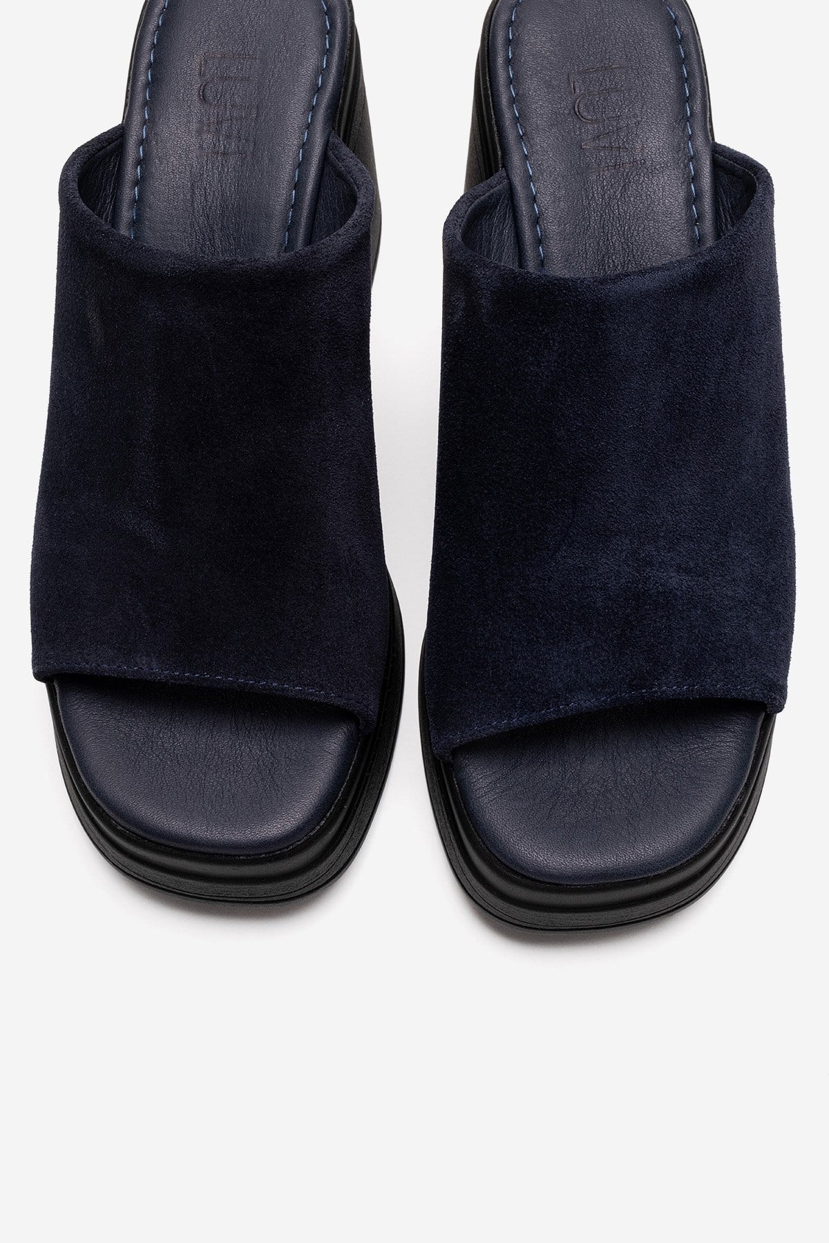 NOLA - Navy Genuine Leather Block Heel Slide (Women)