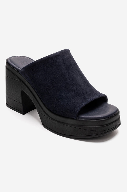 NOLA - Navy Genuine Leather Block Heel Slide (Women)