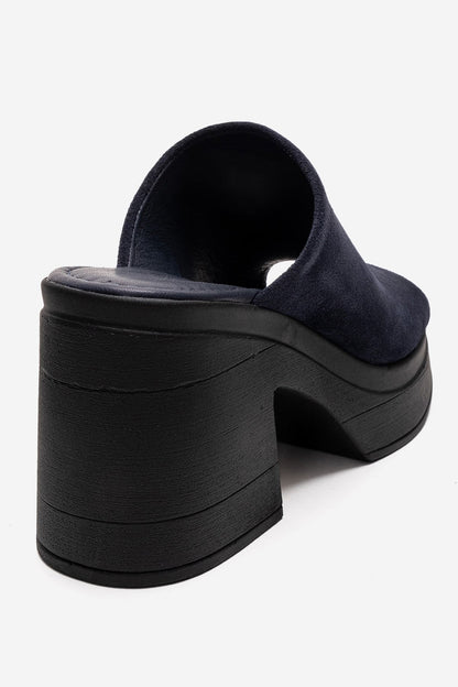 NOLA - Navy Genuine Leather Block Heel Slide (Women)