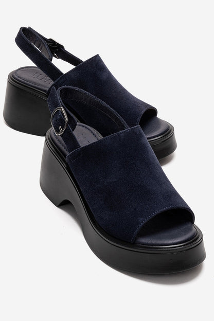 Power - Navy Genuine Leather Wedge Heel Sandal (Women)