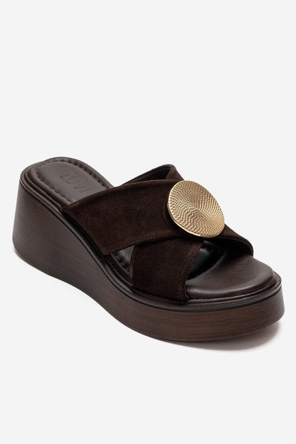 Fianna - Brown Genuine Leather Wedge Heel Slide (Women)