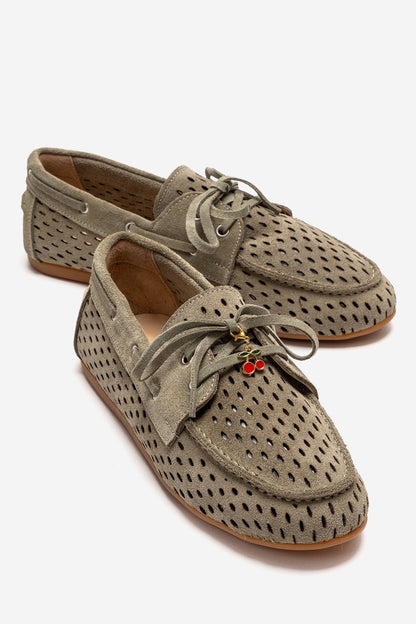 Stevo - Mocasín de cuero genuino verde con cordones (mujer)