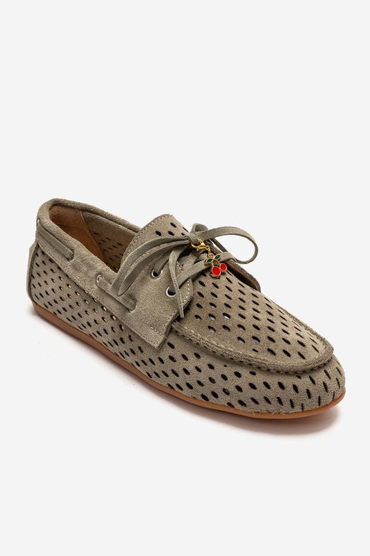 Stevo - Mocasín de cuero genuino verde con cordones (mujer)